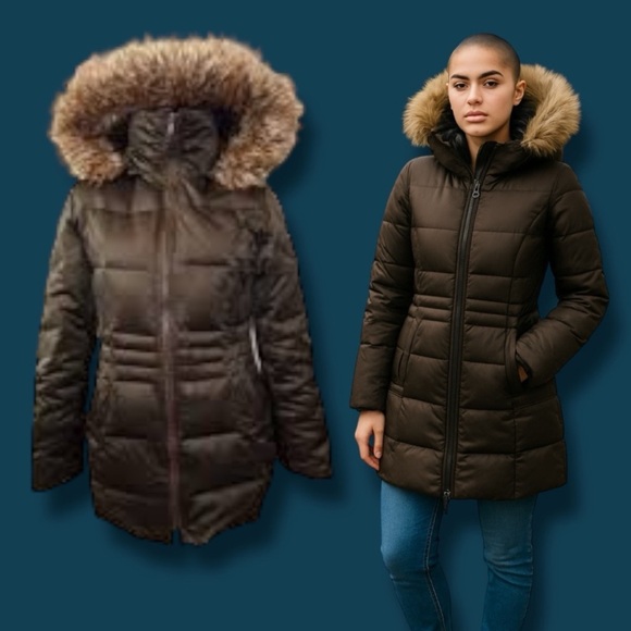 St. John’s Bay Chocolate Women's Down Puffer Jacket with Faux Fur Hood Size S - Picture 1 of 16